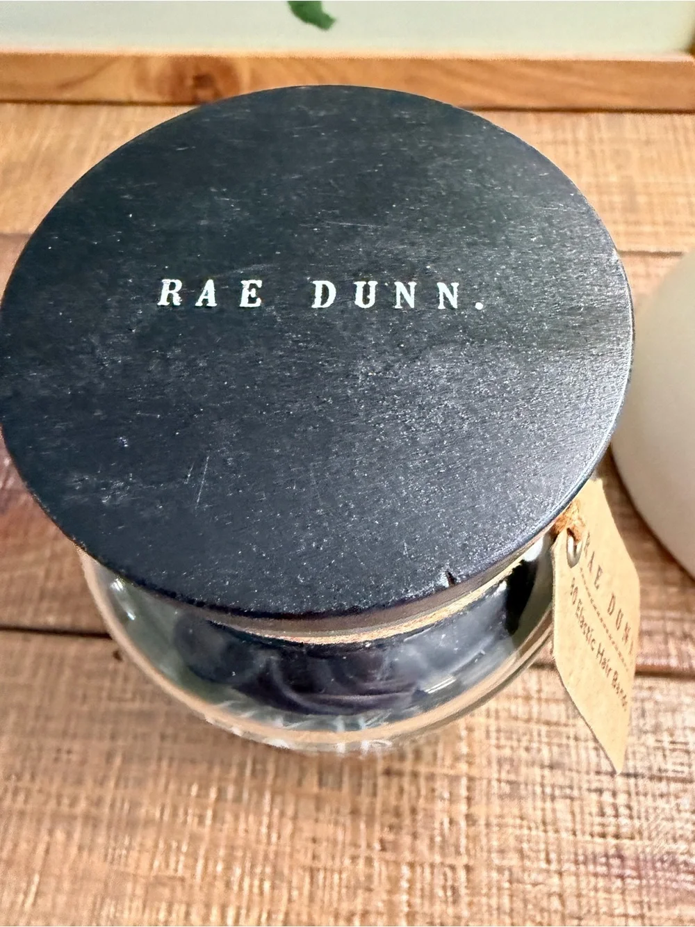 Rae Dunn Black Glass Hair Bands Jar with Black Lid
